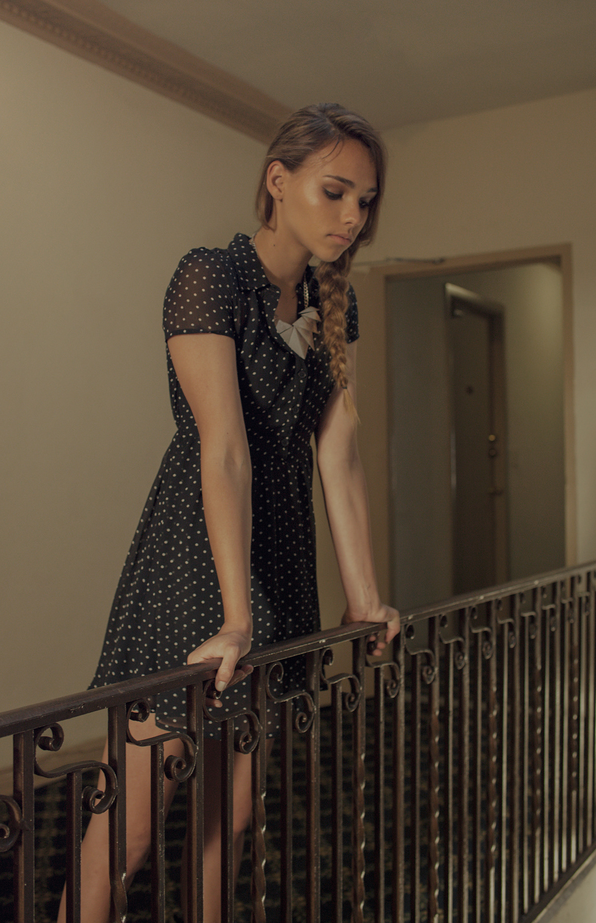 Natural Light dresses girls models l.a. models Los Angeles korea town polka dot spring apartment hallway