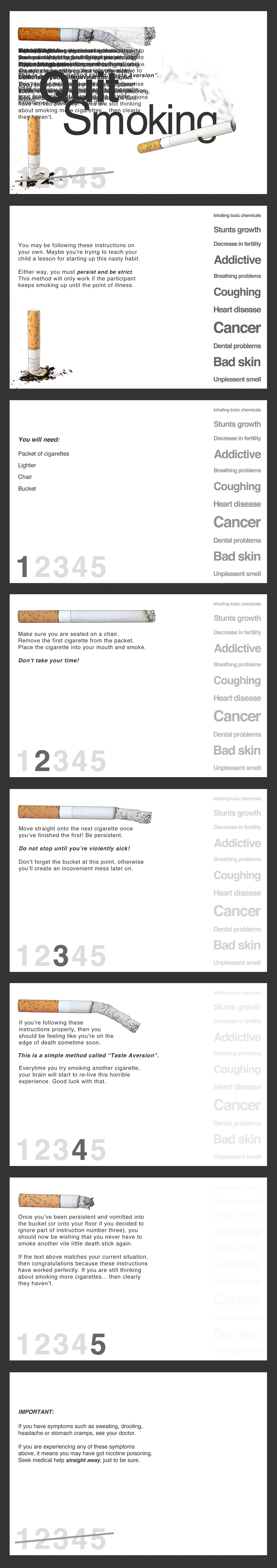 smoking instructions print box package cigarettes quit text Project University funny humour help sickness severe