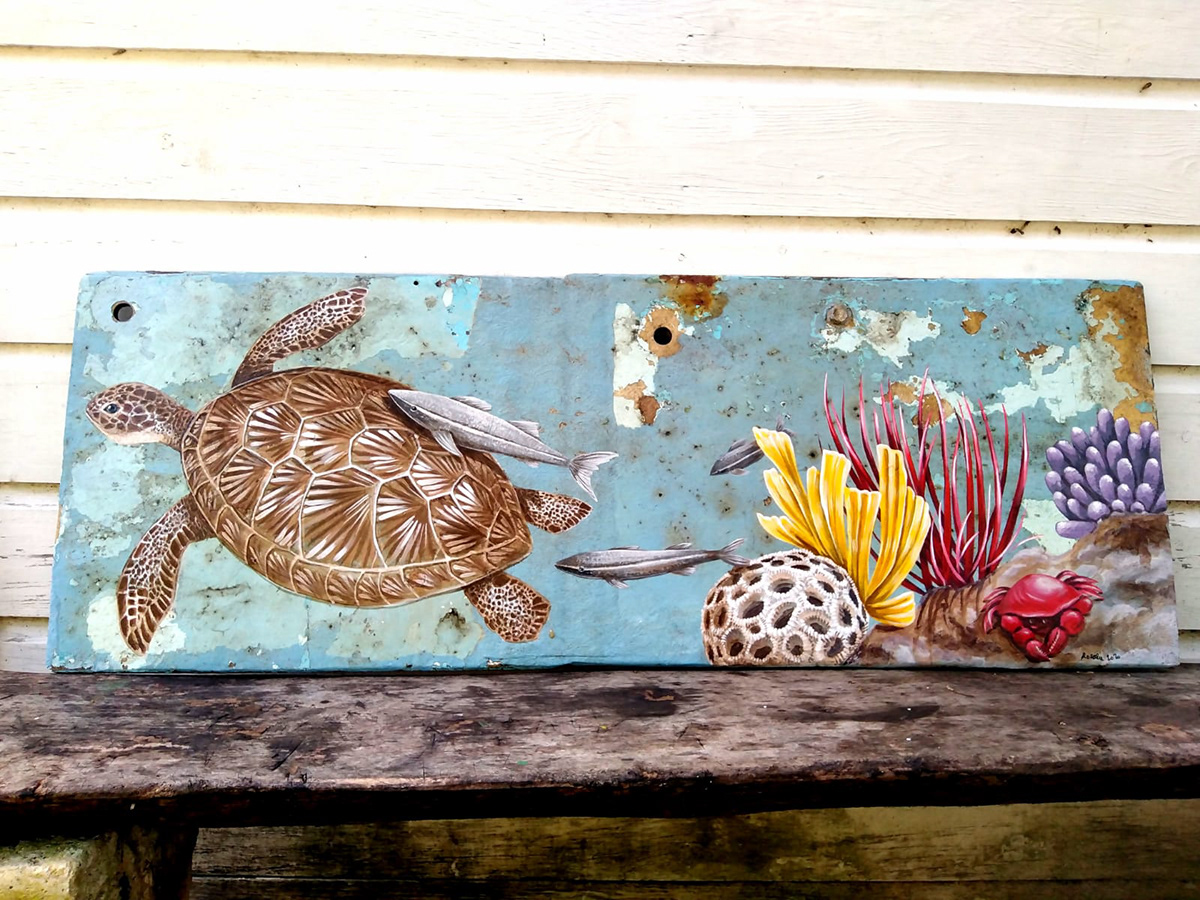 Acrylic paint Rosalie Chiara decoration Painting Design Barbados fish buoys fishing net old boat old wood fine art art