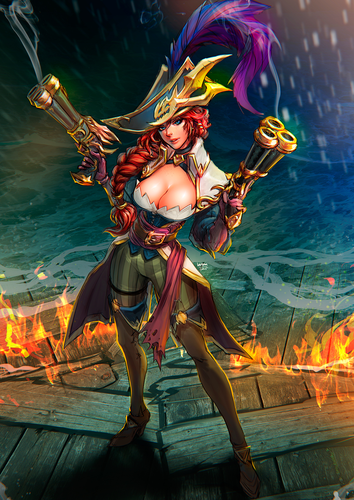 miss fortune captain redhead red fire guns girl pirate sea fanart league of legends