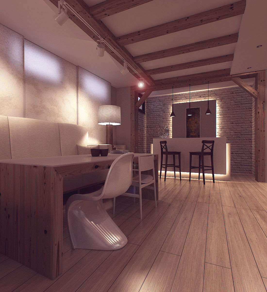 Interior design 3D vizualisation wood appartment girl woman