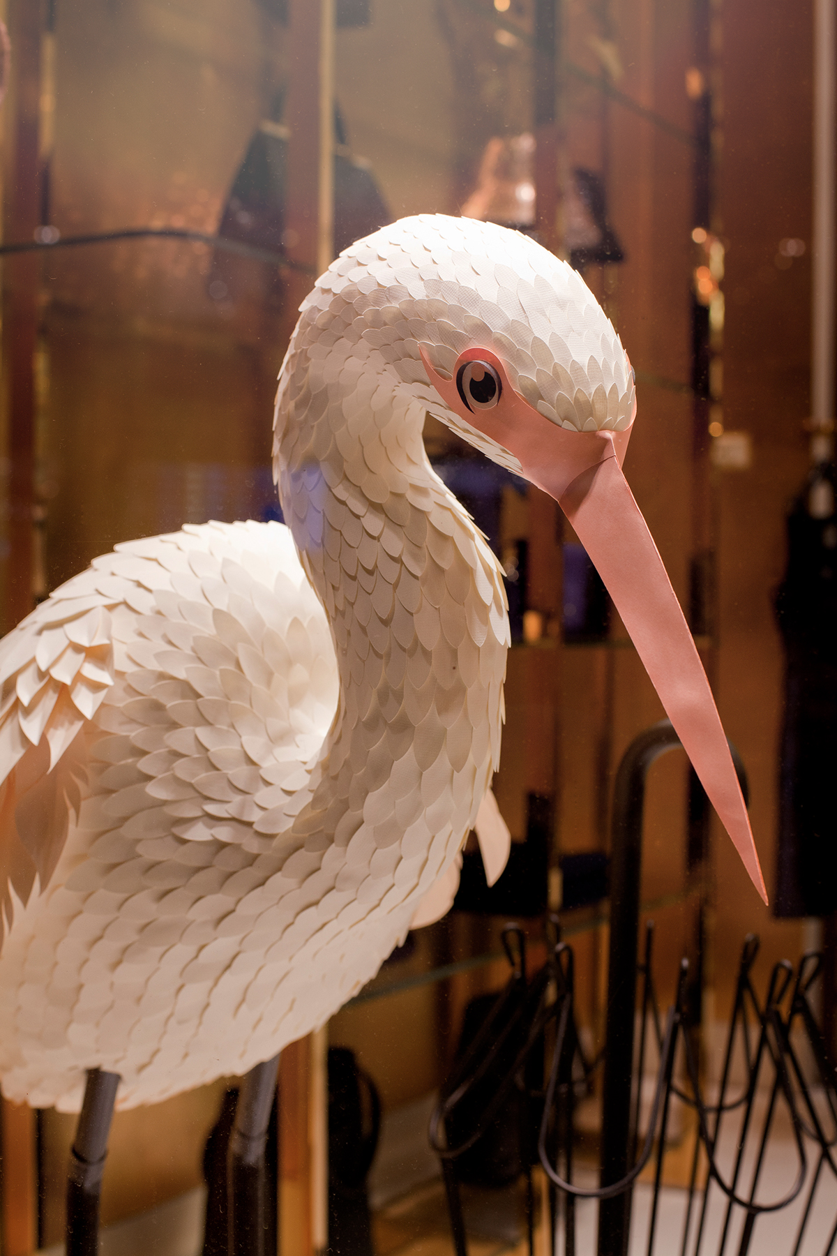 Kate Spade paper birds egret heron pastel Visual Merchandising tokyo New York texas paper art feathers pink