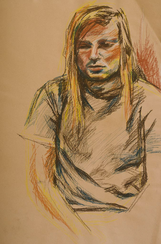 portrait  ink guache pencil sketch colours phsychadellic unfinished people soft flowing continuous line fine art Mixed Mediums