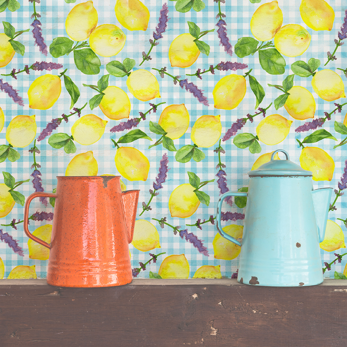 lemon lavander vichy pattern textil wallpaper watercolor acuarela