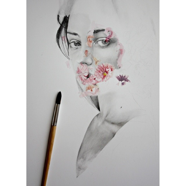 art graphite grafito lapiz pencil acuarela watercolor personal Flores Flowers niebla fog