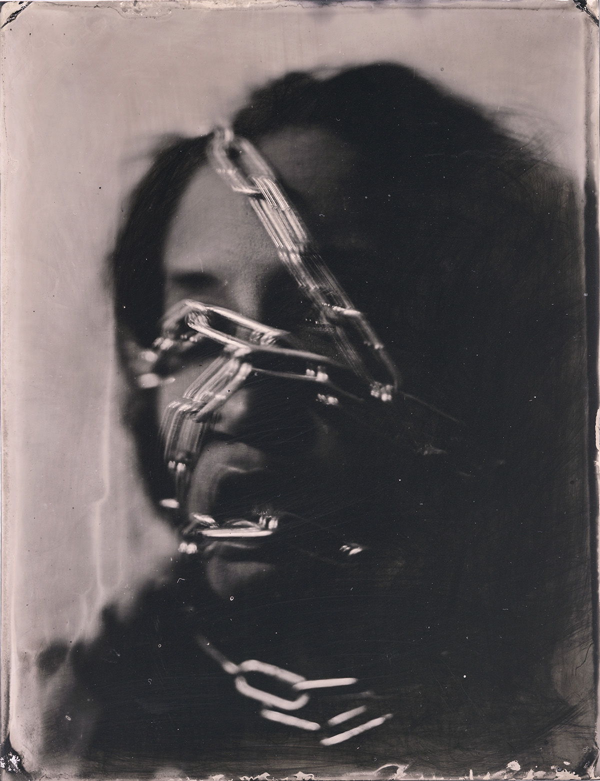 Adobe Portfolio collodion self portrait woman tin type darkroom Performance emotions disturbing dark anxiety alternative process unease uncanny intriguing