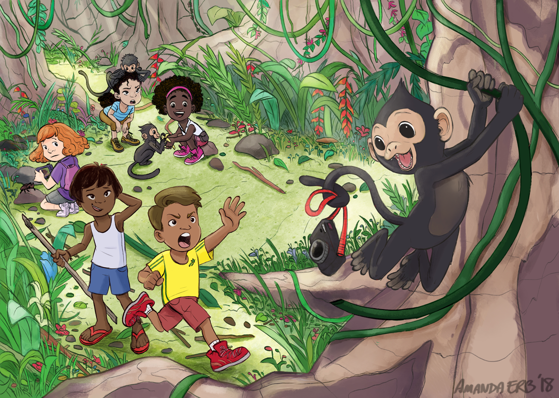 ILLUSTRATION  kidlit Picture book jungle a4 monkeys exploring photoshop digital two page spread