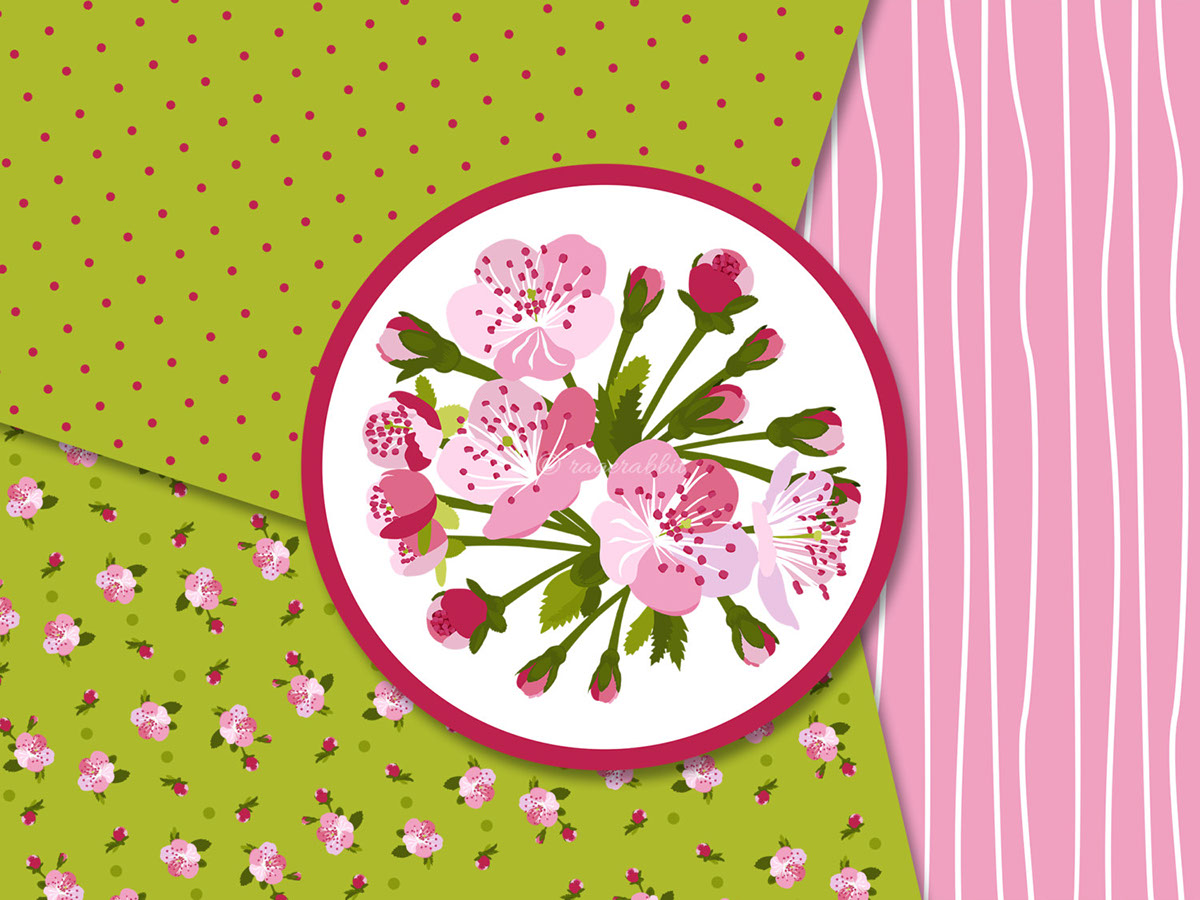 spring Cherry Blossom Tree blossom vector handdrawn Flowers Easter digital paper set ragerabbit
