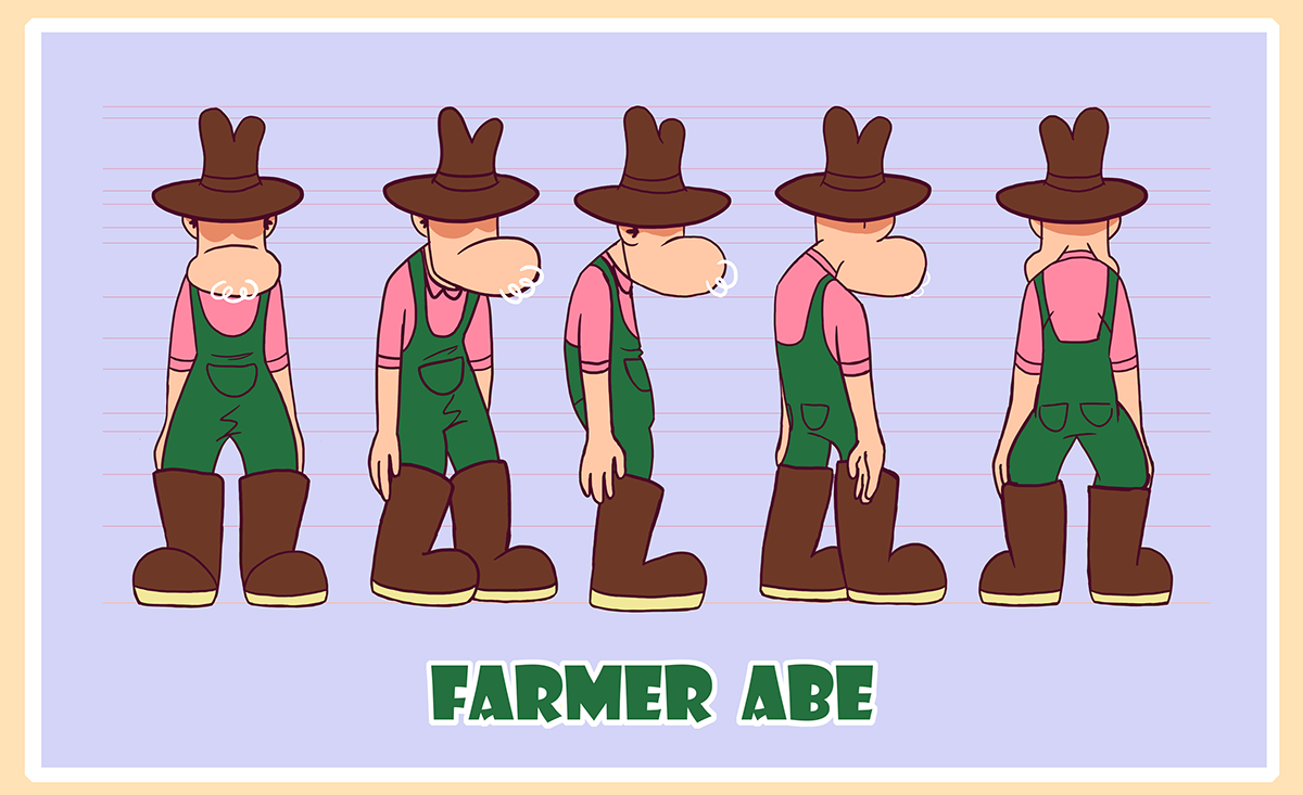 cartoon Character Sheet cow farmer Model Sheet pig thesis film turnaround