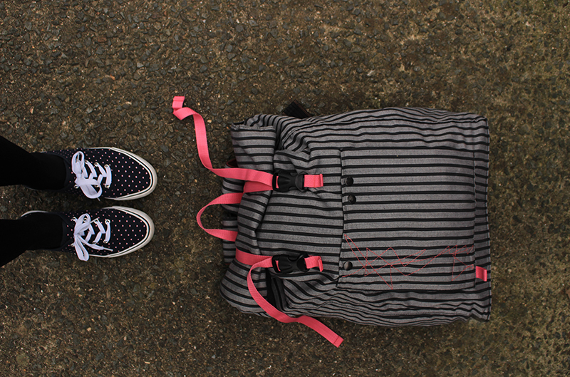 backpack textile stripes and straps pink straps Travelling huge space