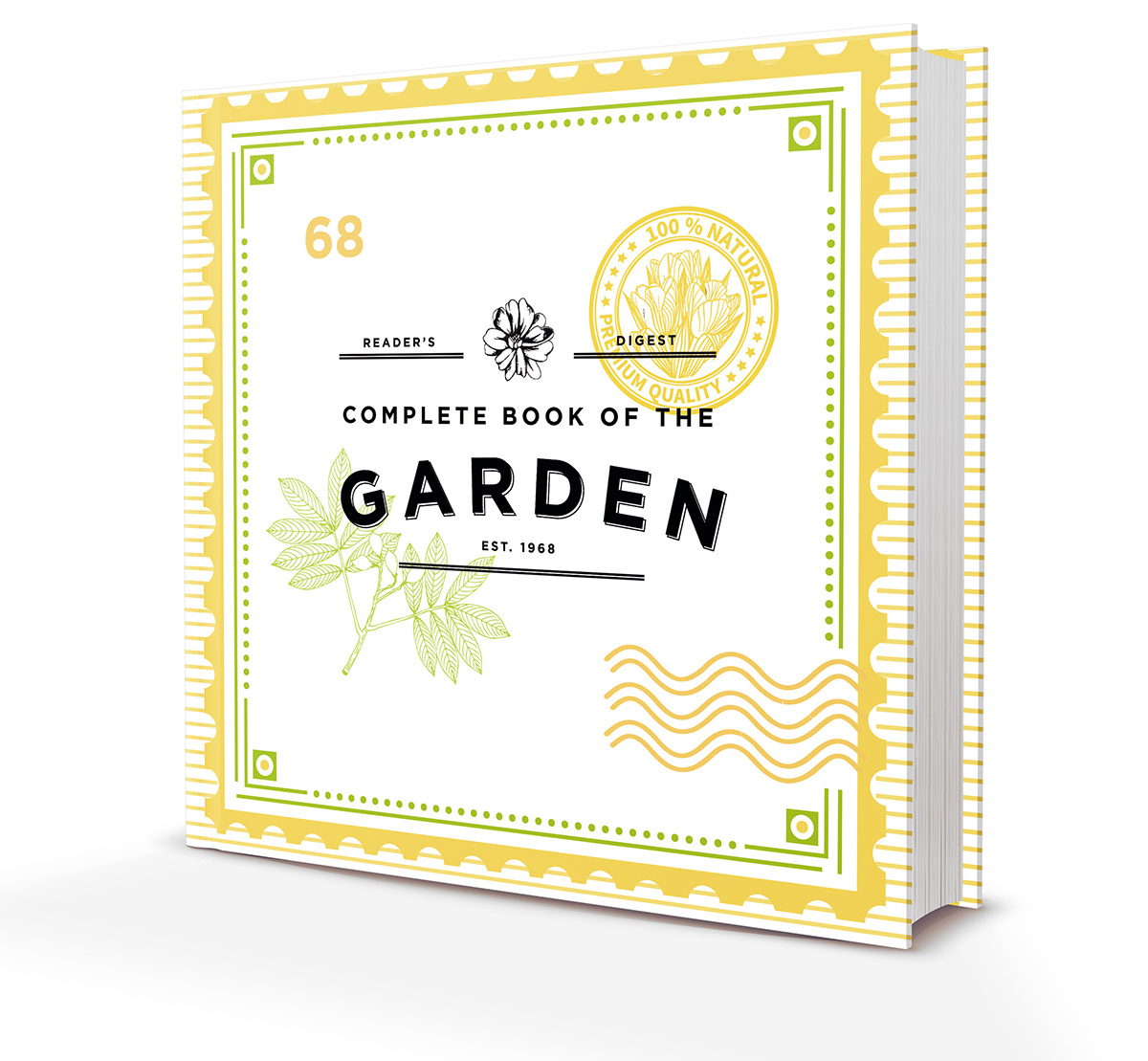 book redesign patrick dooley readers digest garden complete book of plants Flowers vintage Illustrative yellow and green postage stamps how-to guides book publication