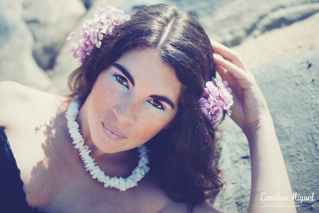 fairy tale fantastic girl Flowers woman beach sand sea rocks Nature pink black corset carolina miguel