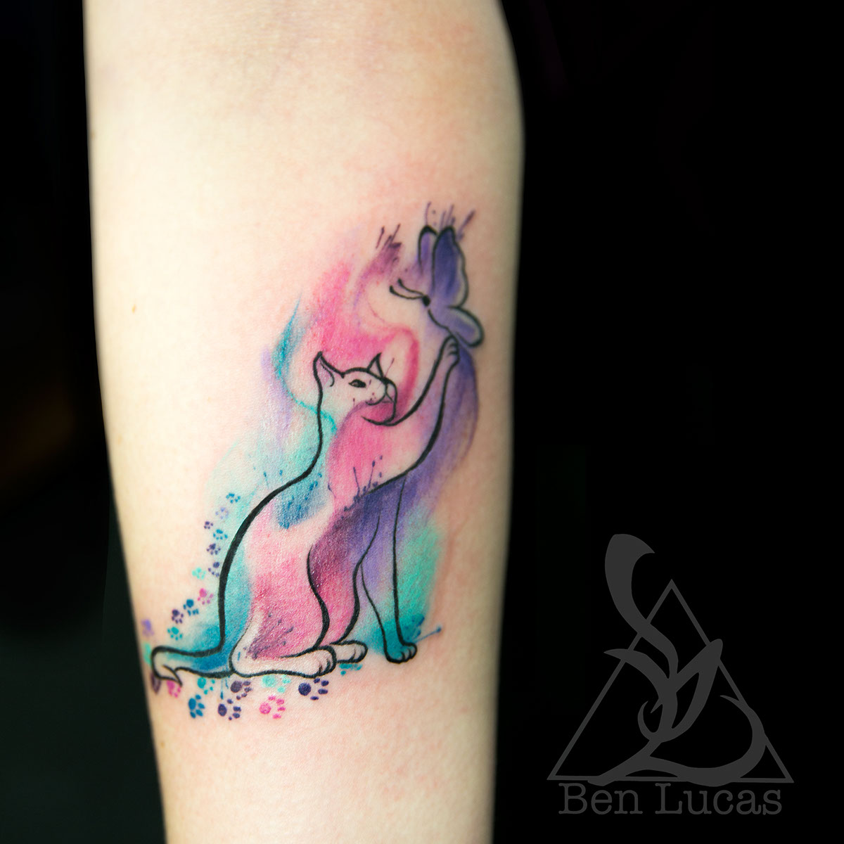 Cat with Butterflies Tattoo Design