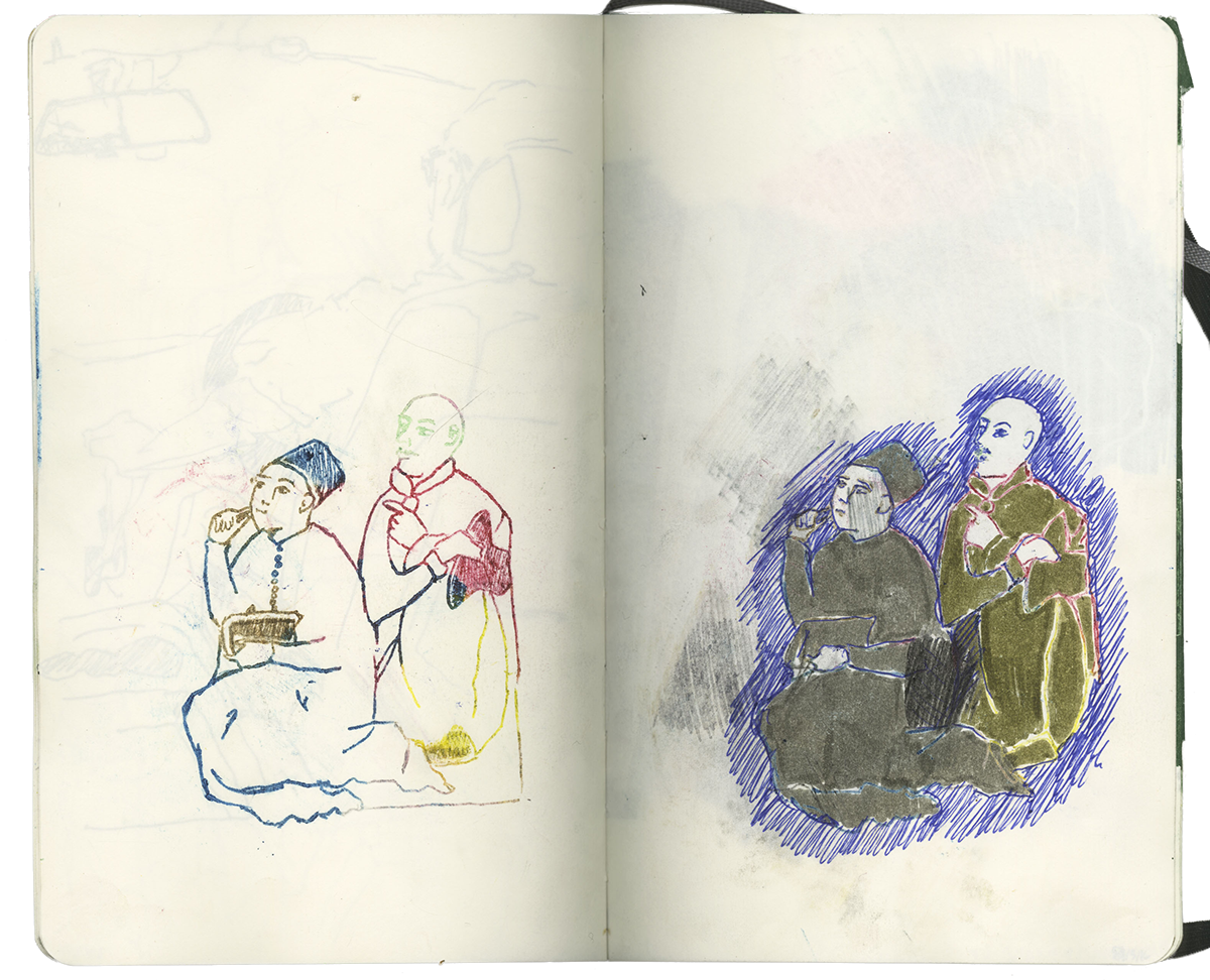 oil pastel ballpoint pen collage sketchbook moleskine notebook travel sketchbook