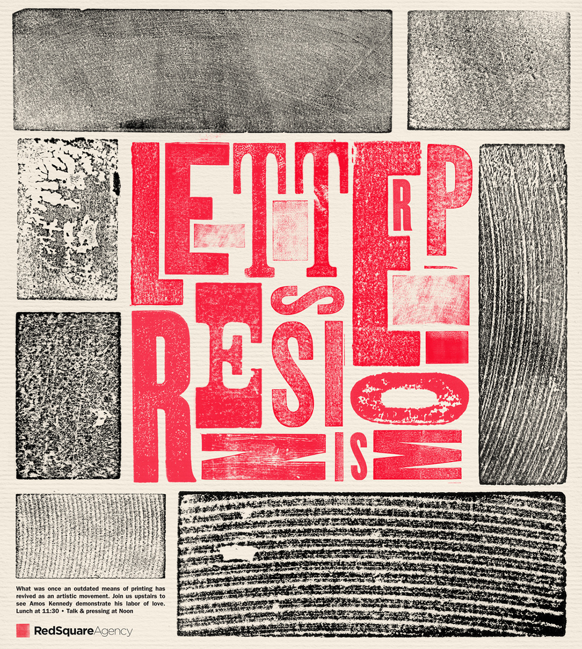LETTERPRESSIONISM Poster amos kennedy Red Square Agency Red Tuesday letterpress woodblock Woodblock Type