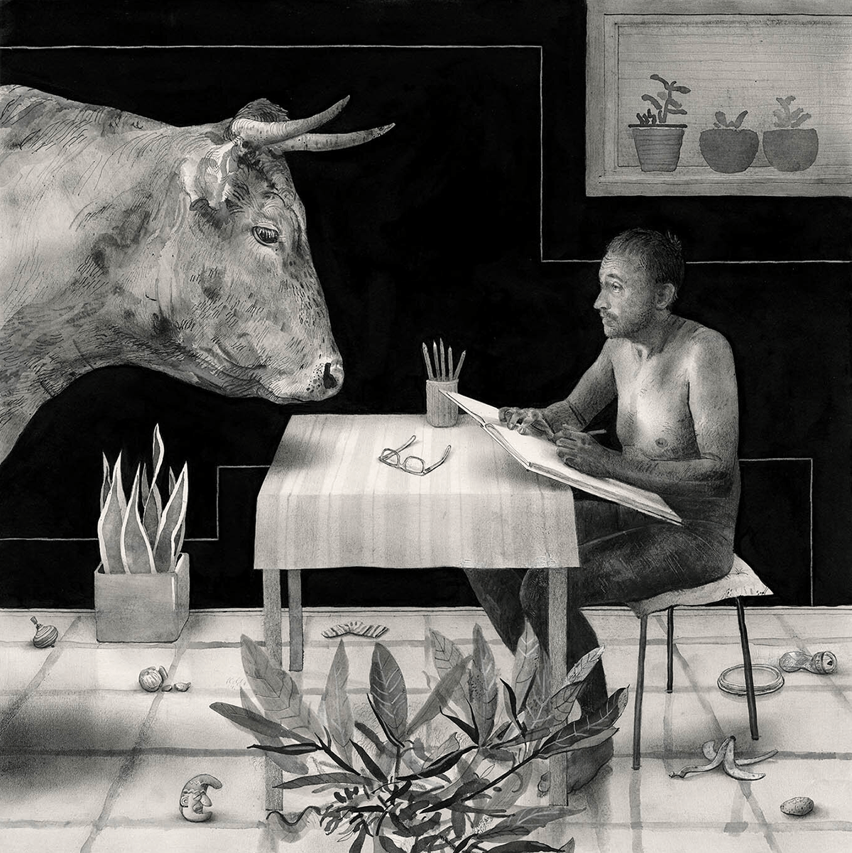 naked man drawing a large bull