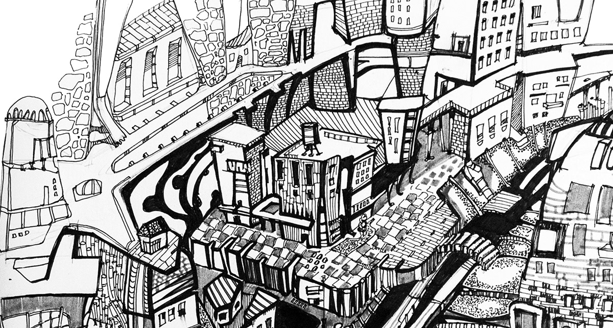 canals city hand drawing houses dwellings water town ink pen