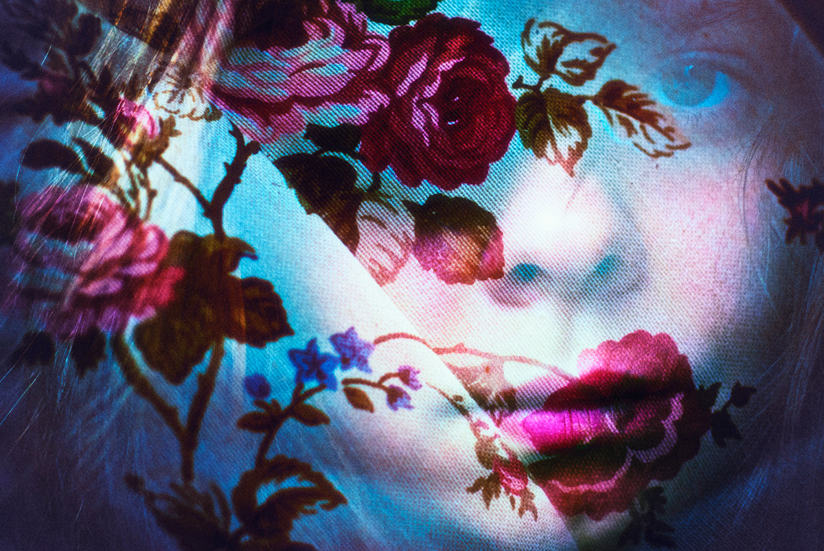 double exposure flower rose fabric face portrait blue red ode summer eye Mouth hair blur haze