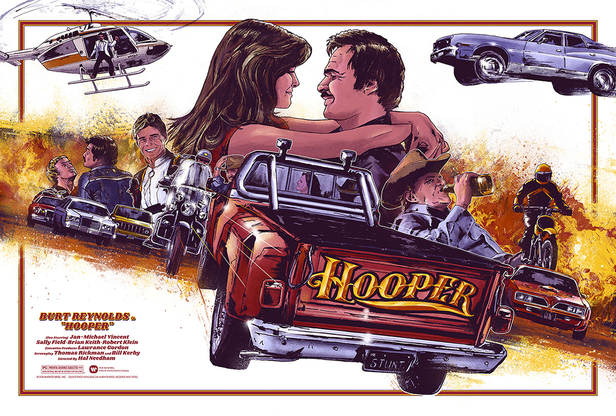 9 color screenprint, based on the classic movie, Hooper, starring Burt Reyn...