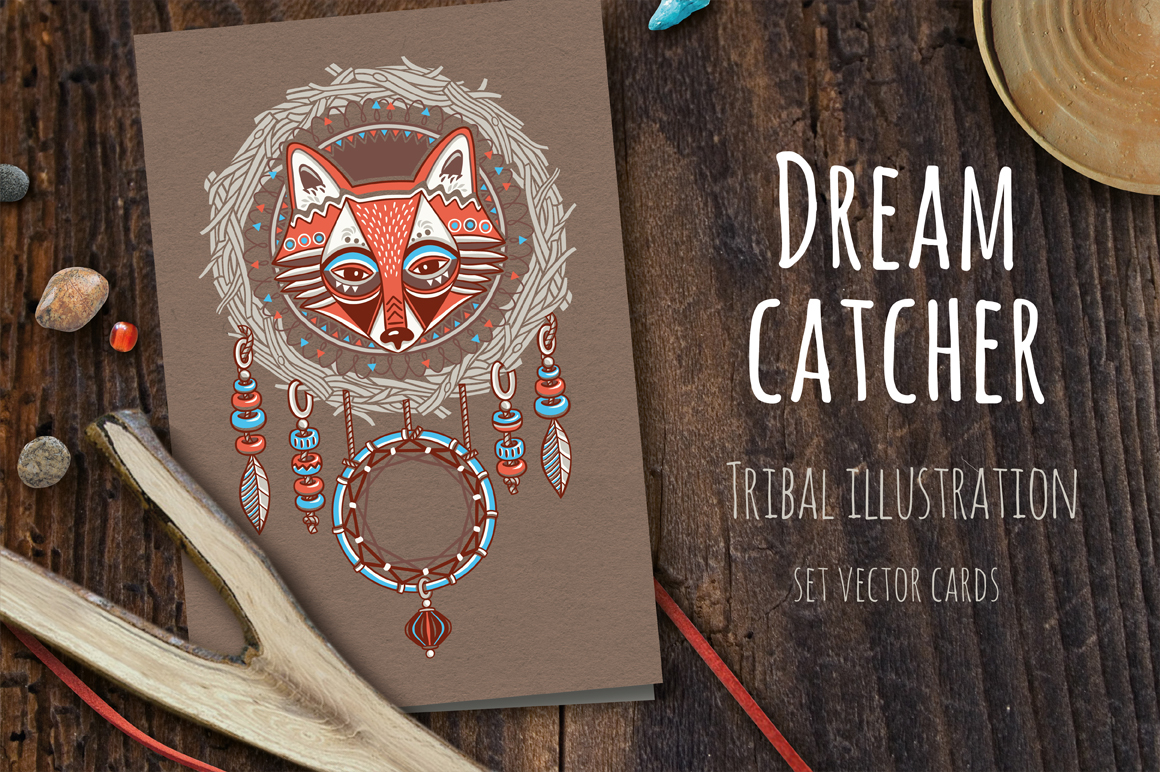 FOX Dreamcatcher tribal Mandala indian american Ethnic ornament feather greeting card red indian mystical