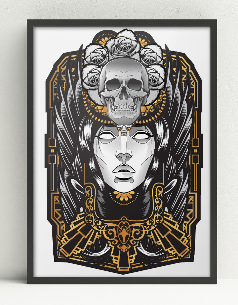 art deco wings girl skull ornate gold vector