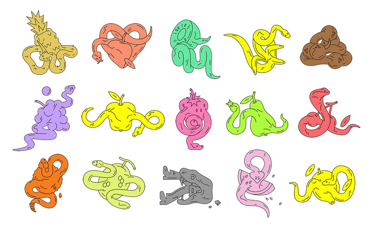 snakes stickers Illustrator fruits Coco messenger illustrations itwazcool Vegetarian nice