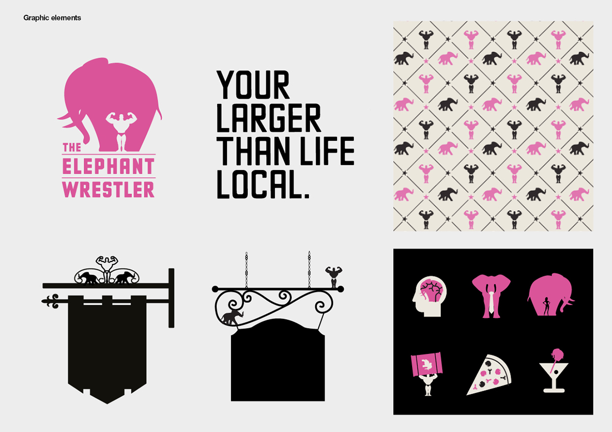 pink logo elephant bar beer pub Signage lights pattern poster environmental Experience New Zealand takapuna Wrestling art brand DesignWorks
