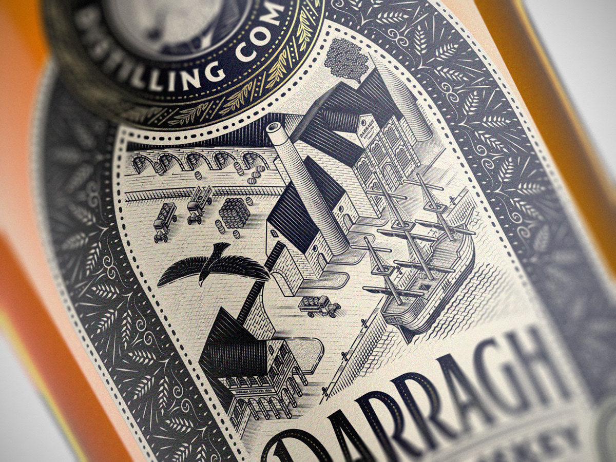 engraving etching ILLUSTRATION  Illustrator line art packaging design Spirits Spirits Packaging Whiskey Whisky