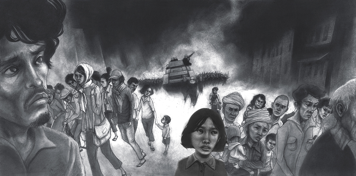 War procession graphite Black&white narrative multi-figure