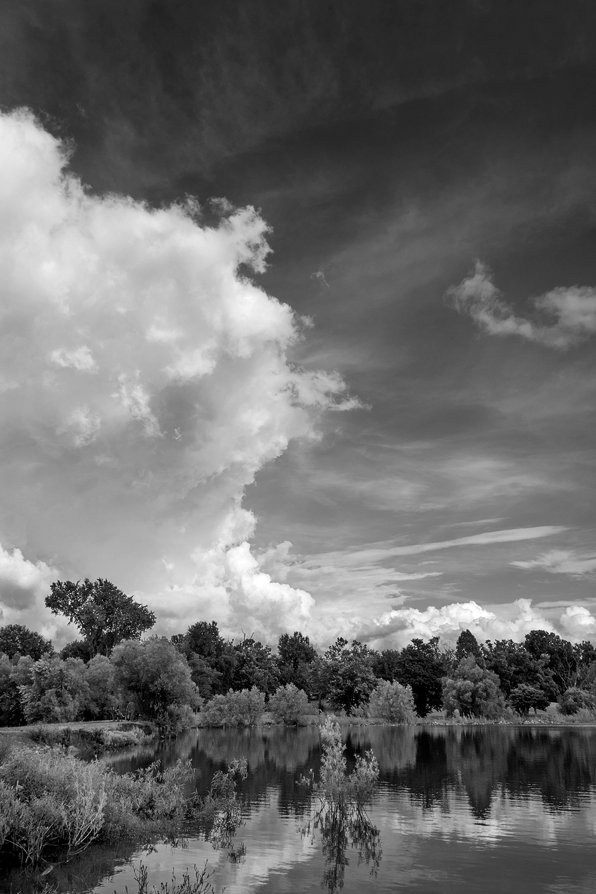 black and white landscape photography depth of field water lake Natural Light no flash clouds