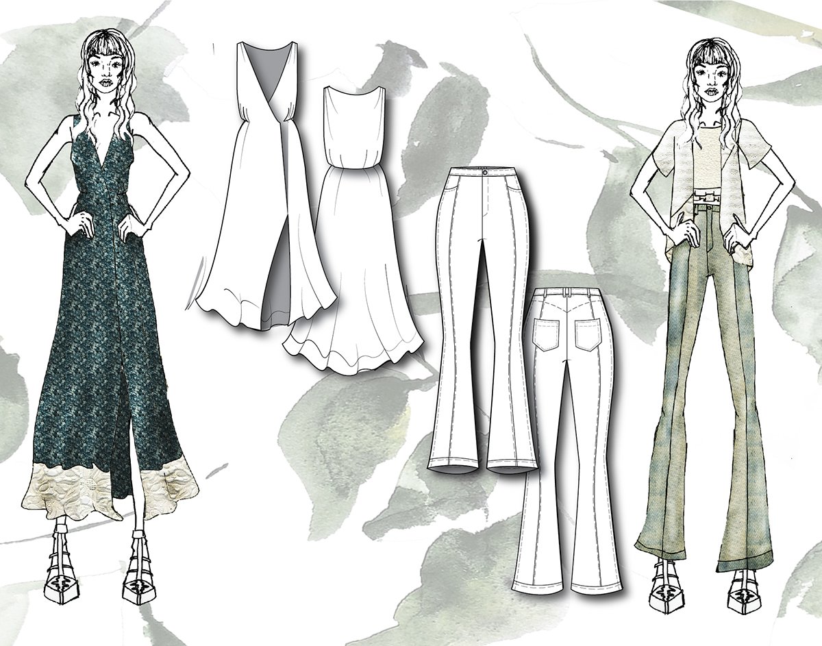 fashion illustration fashion design 70s Denim technical flats mini collection