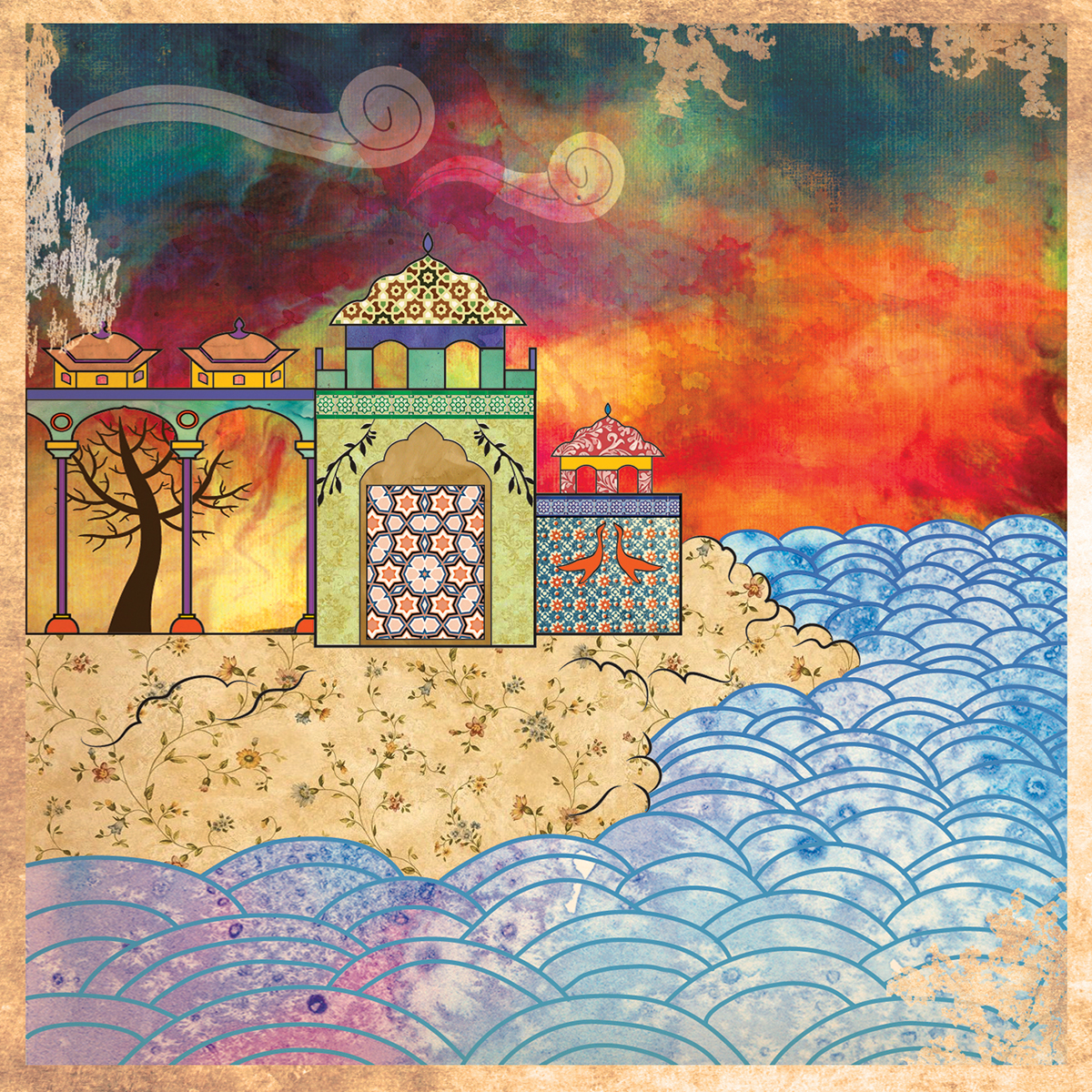 album cover Album Cover Design Pakistani Music Sikandar Ka Mandar type psychedelic Miniature Dajaal Patterns Eastern ifrit surreal sea textures apocalypse