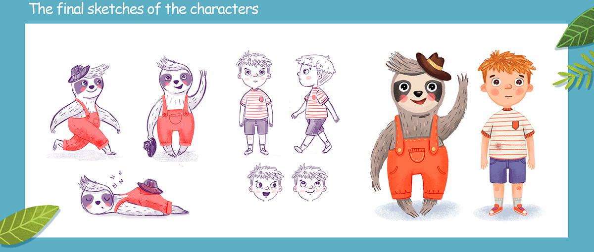 2d Illustration animal illustration Book Layout boy Character design  children book cover design kids story sloth