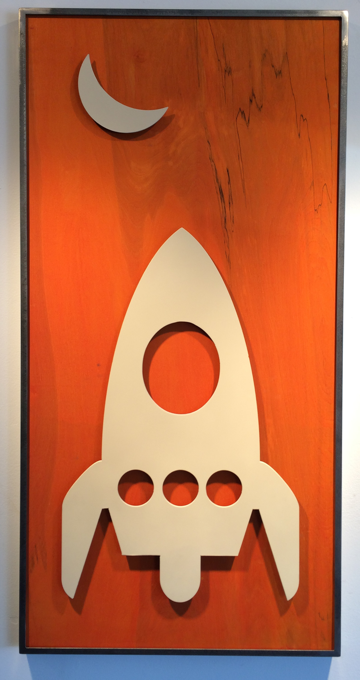 modernism Icon steel wood plasmacutting Signage graphics rocket ship moon orange