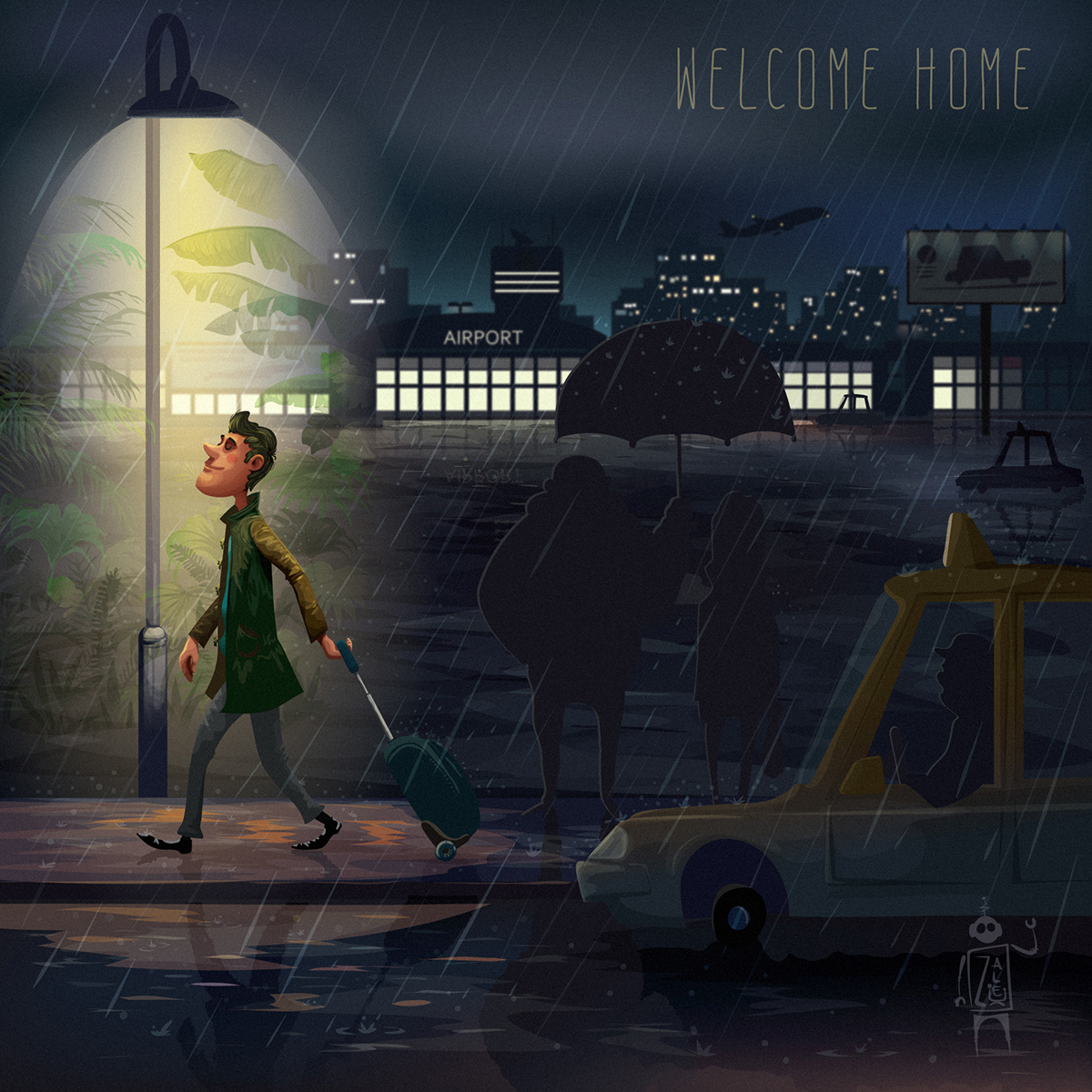 cartoon Character vacation impression airport traveler return home rain environment journey