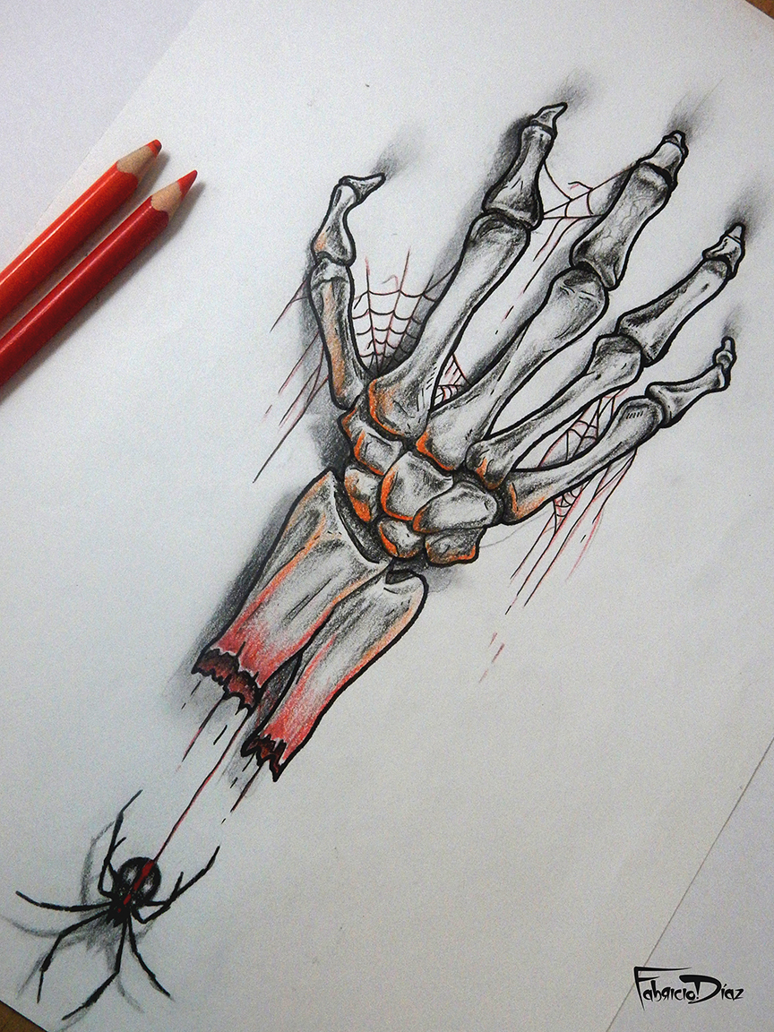 tattoo hand bones spiders skeleton hand gray watercolor