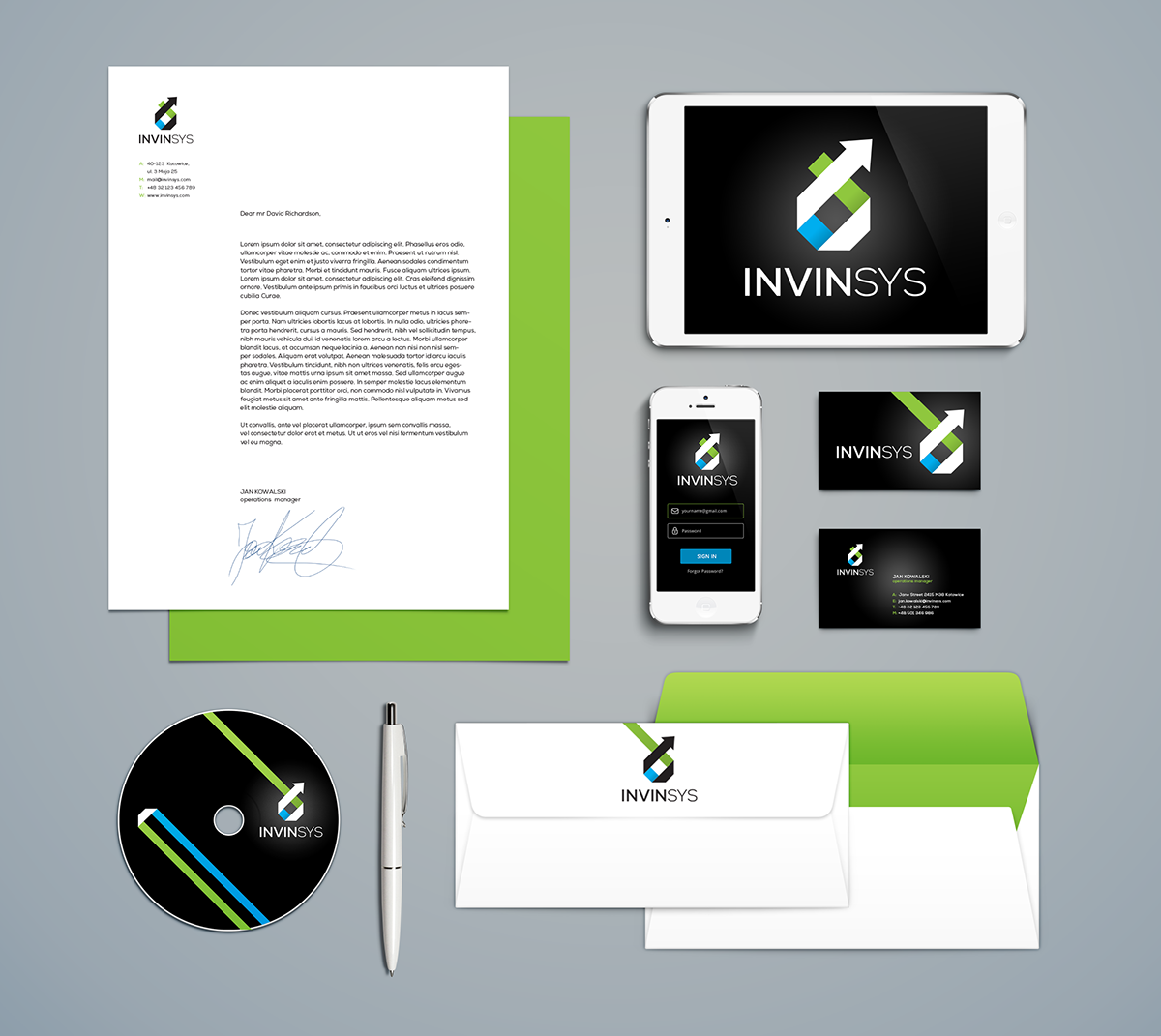 logo invinsys black background white background Corporate Identity letterhead business card cd DVD