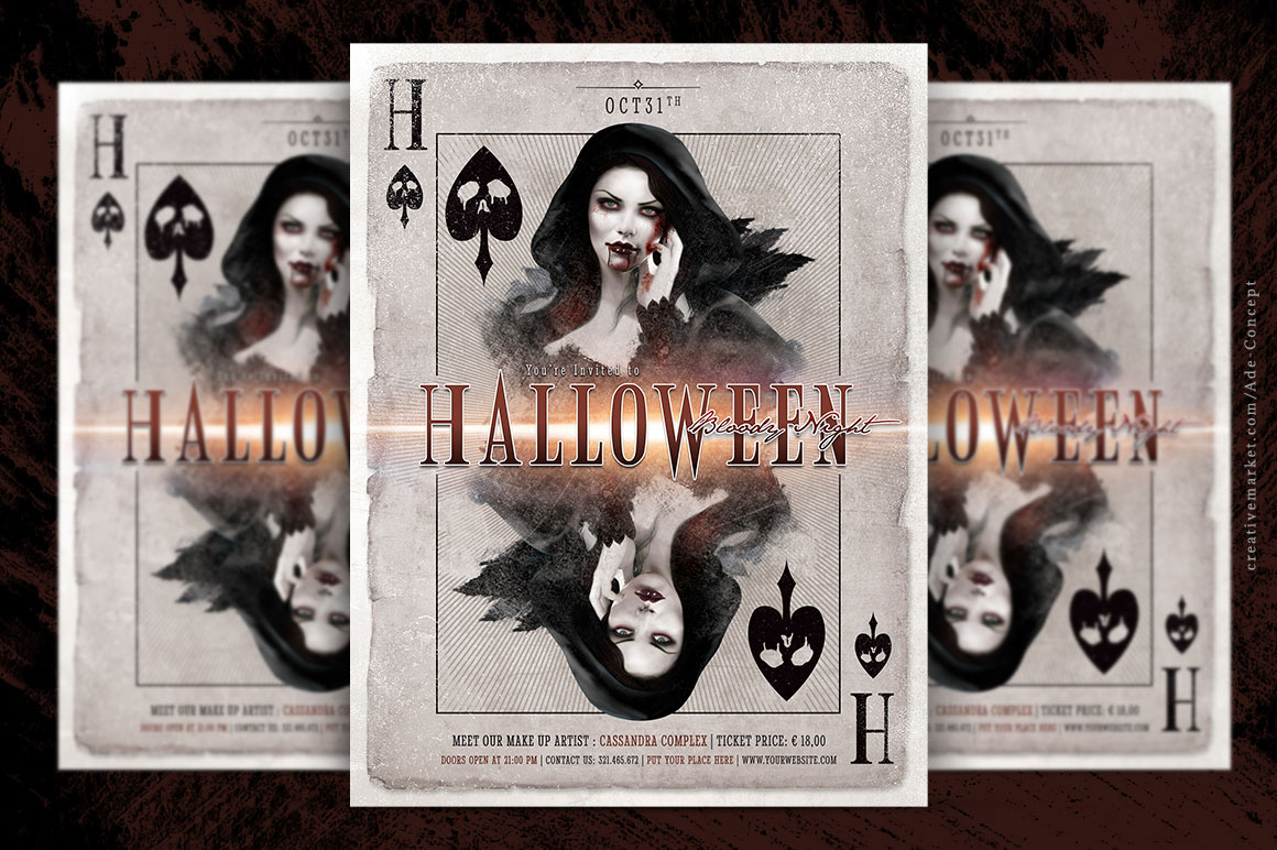 play card woman dark gothic Halloween party flyer Scary horror night club template poster Event Holiday