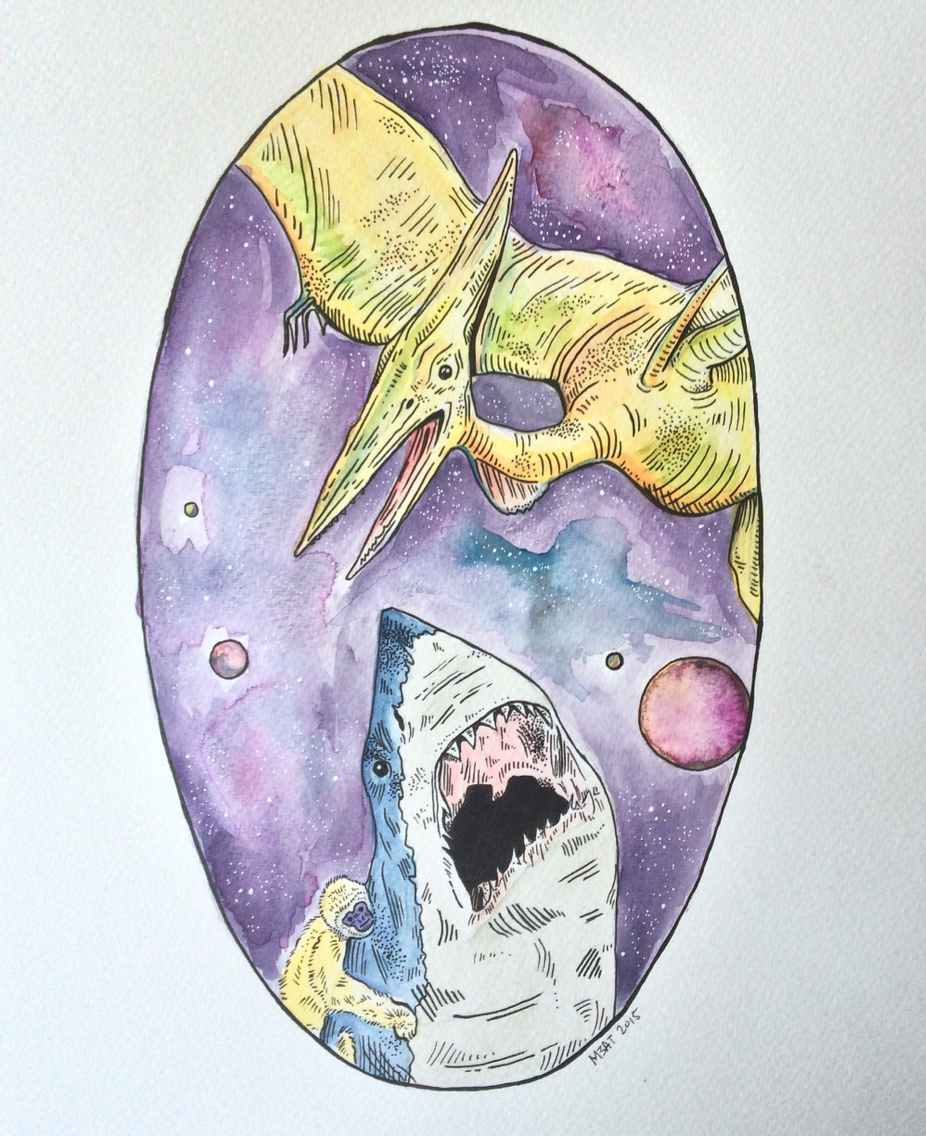 shark draw paint line color monkey Dinosaur Space  Fly universe scene ink