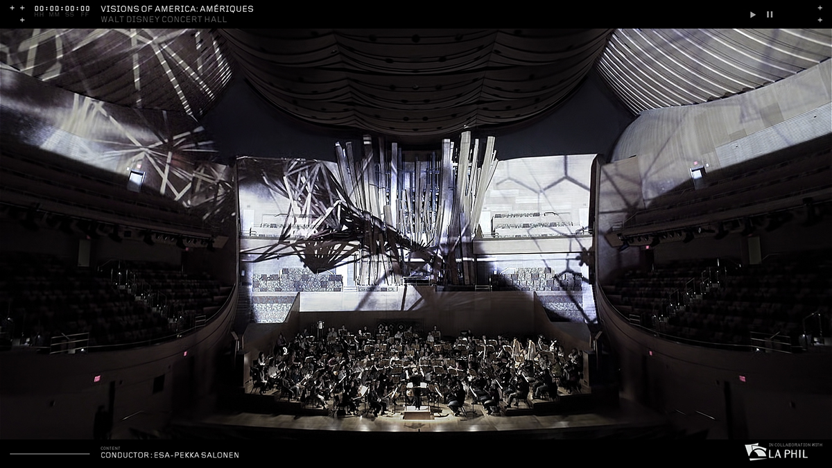 walt disney LAPHIL Esa-pekka Salonen frank gehry Los Angeles Refik anadol video mapping vvvv generative concert hall realtime