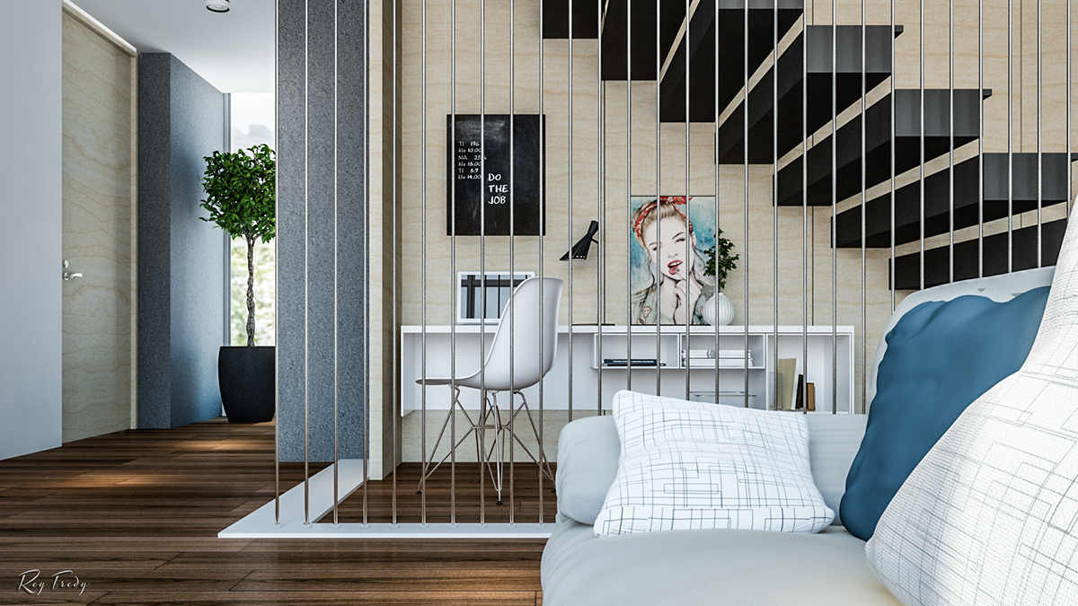 Render duplex apartment 3D archviz model Interior design living dinning kitchen room tv light
