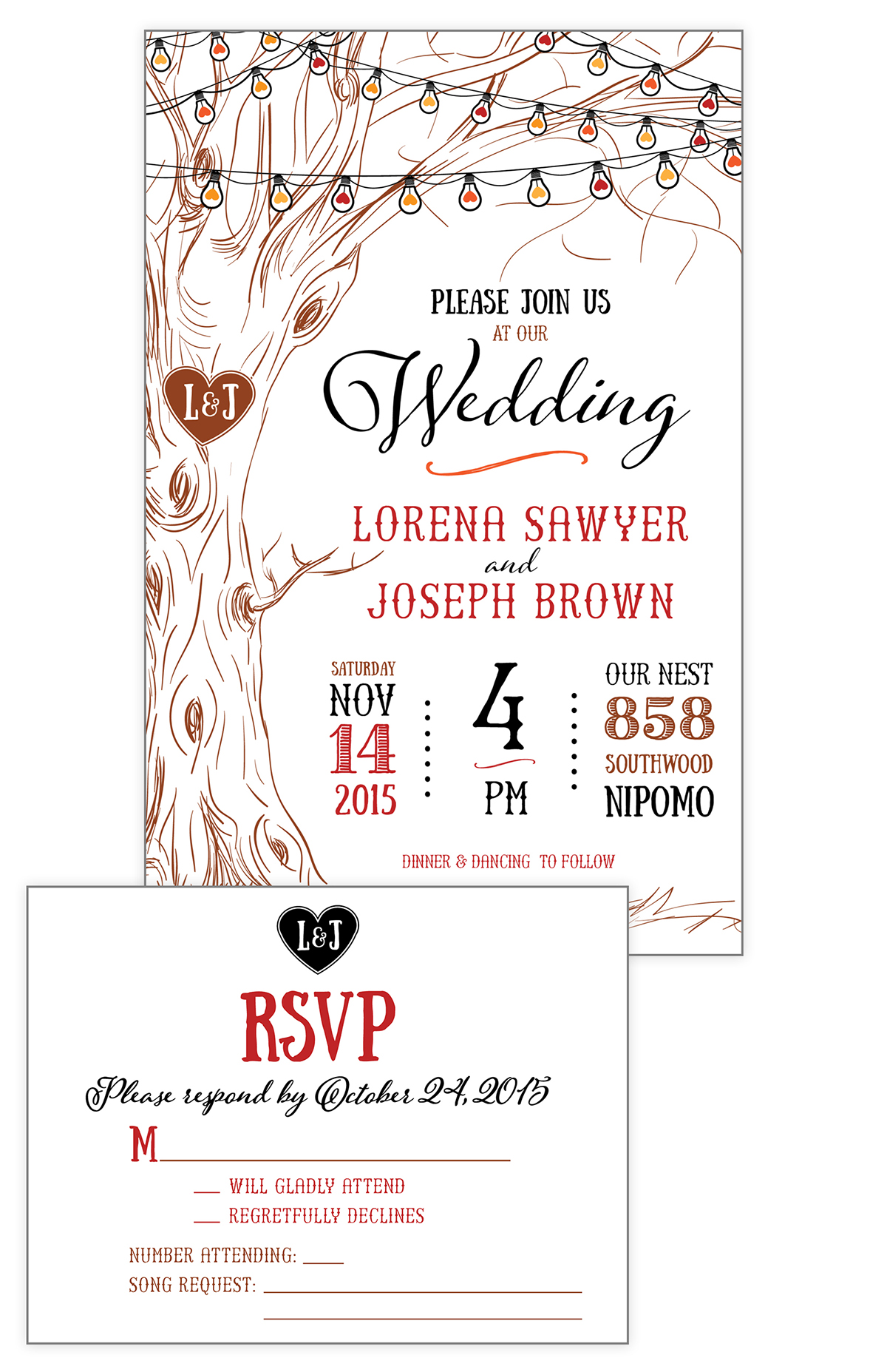 wedding Invitation print rustic Illustrative rsvp