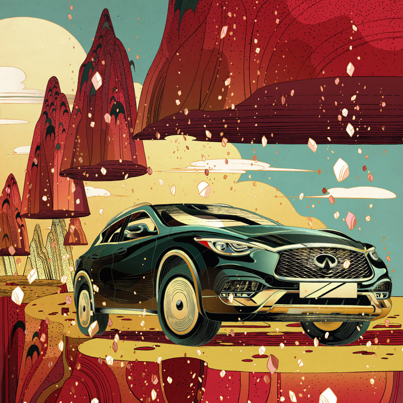 Adobe Portfolio victo ngai ILLUSTRATION  advertisement communication art Car Illustration poster commercial art commission art design infiniti Fast Car animation 