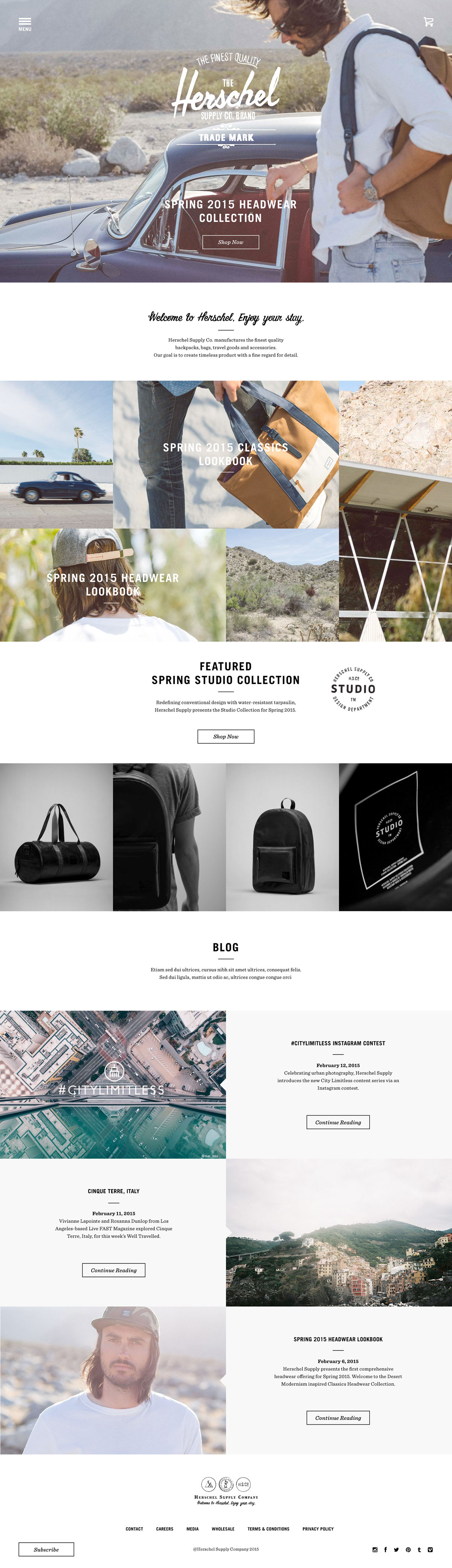 herschel e-commerce ux/ui flat design Responsive redesign concept clean minimalist Young Fullscreen image fullscreen video ghost button homepage vancouver