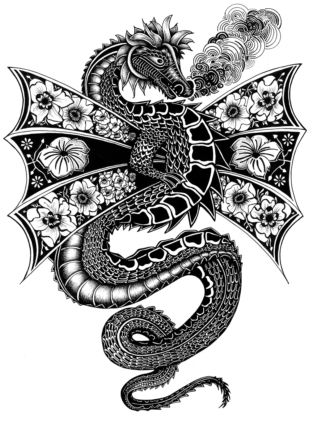 dragon ink blackink handdrawing floral detailart tshirt pattern Fashion  dragonart