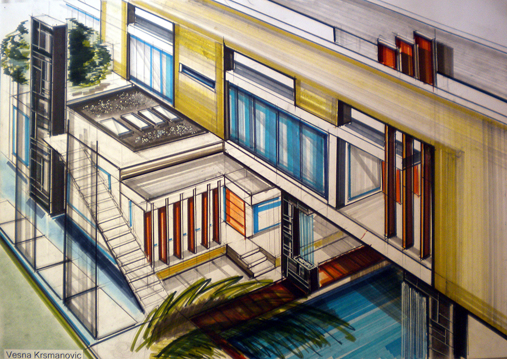 'Architecture' freehand illustrations drawings sketches Layout interiors design space organisation markers Pastels fine art modern luxury houses Villa