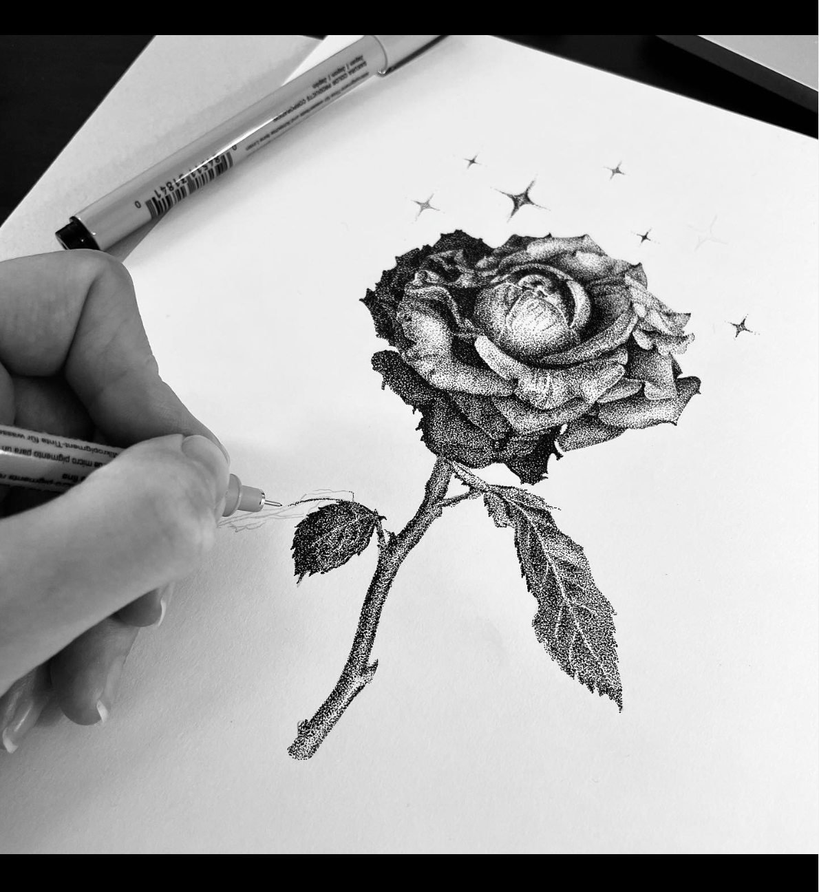 black and white botanical dotting dotwork Drawing  ink pen Pointillism stippling tattoo