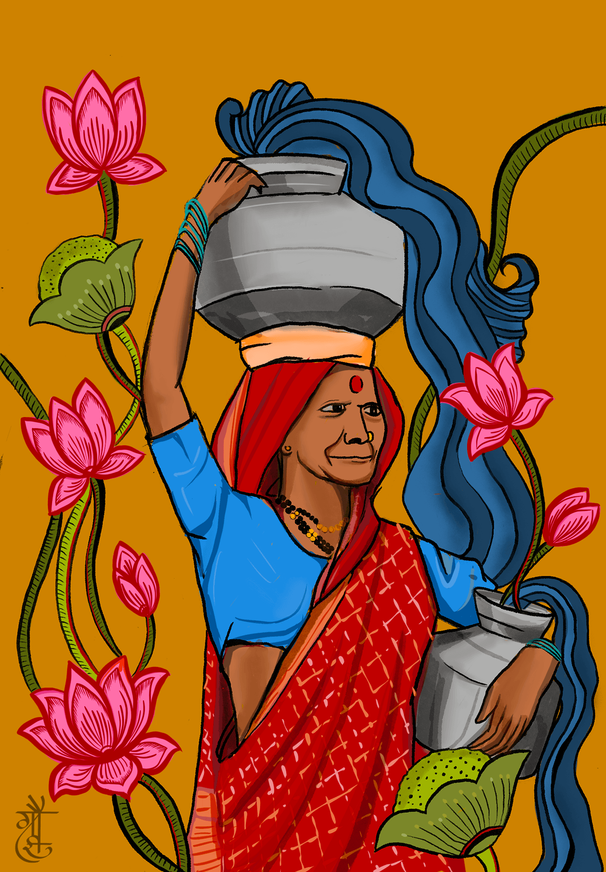 hard work water Lotus woman nurture art concept
