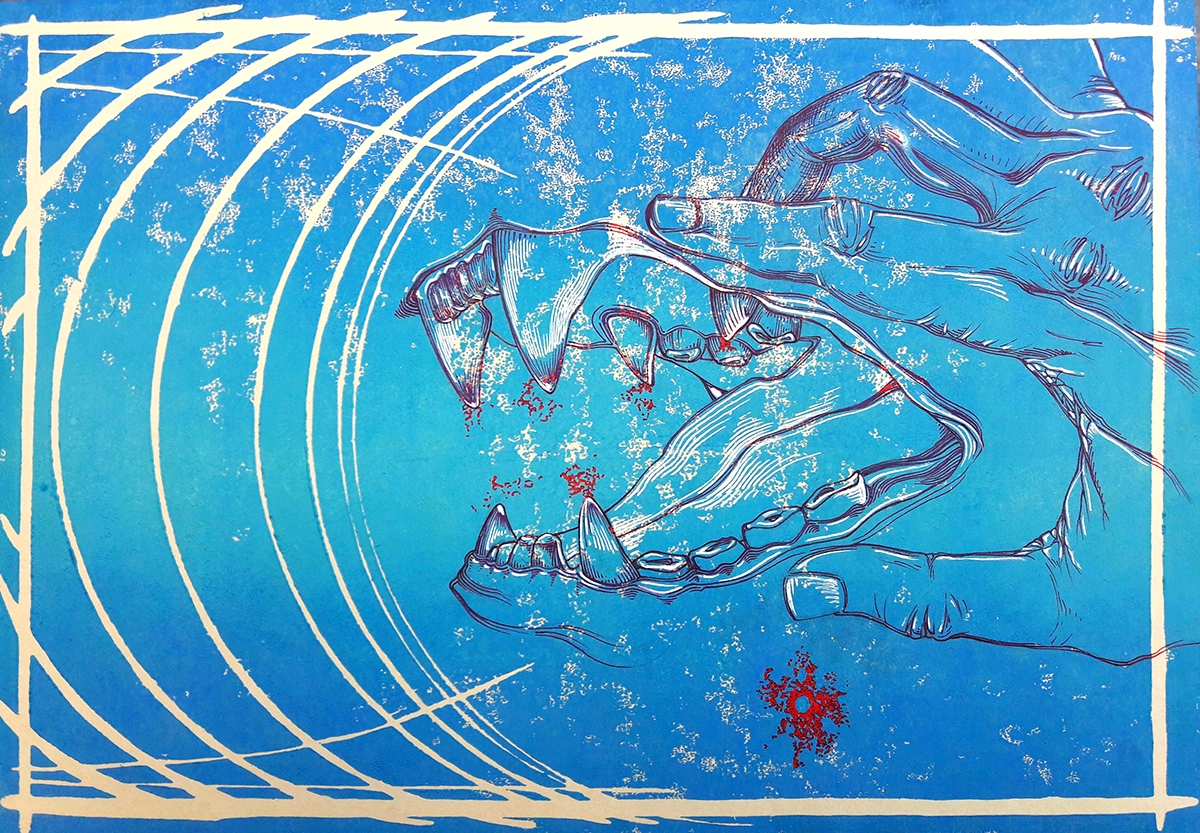 Nicolas Skorupka linocut paper ink pen red abstract hand jellyfish sound