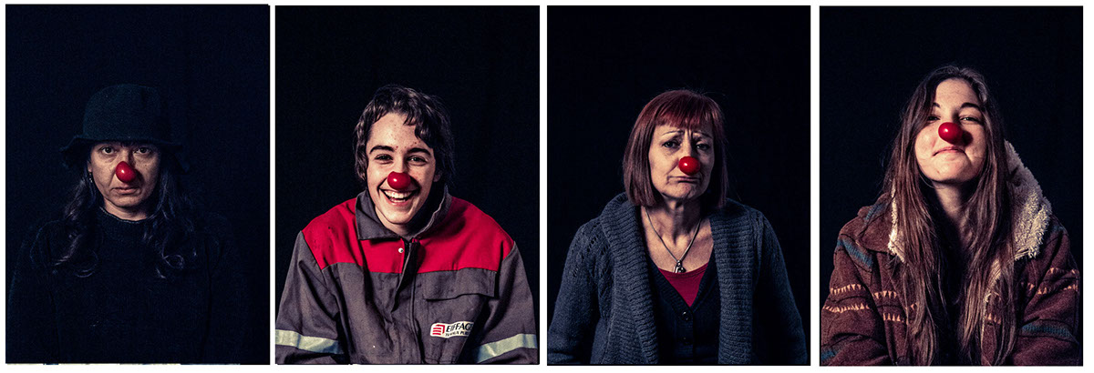 portraits squat Paris digital colors red clown red nose people